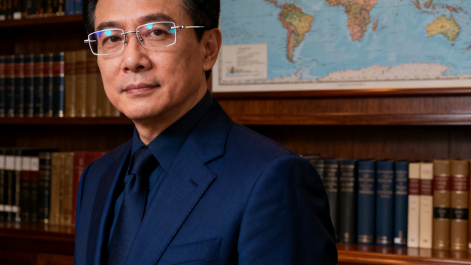 林正鸿身穿深蓝色定制西装戴无框眼镜，神情沉稳地站在书房书架前，背景为金融类书籍和全球地图