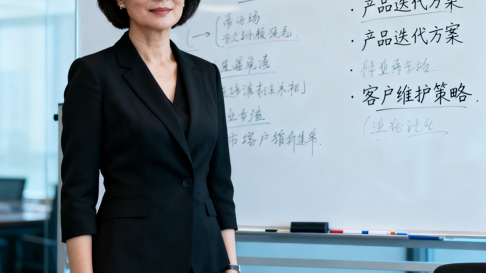 女性约四十岁穿黑色职业装短发干练站在会议室白板前，白板上写满战略规划要点